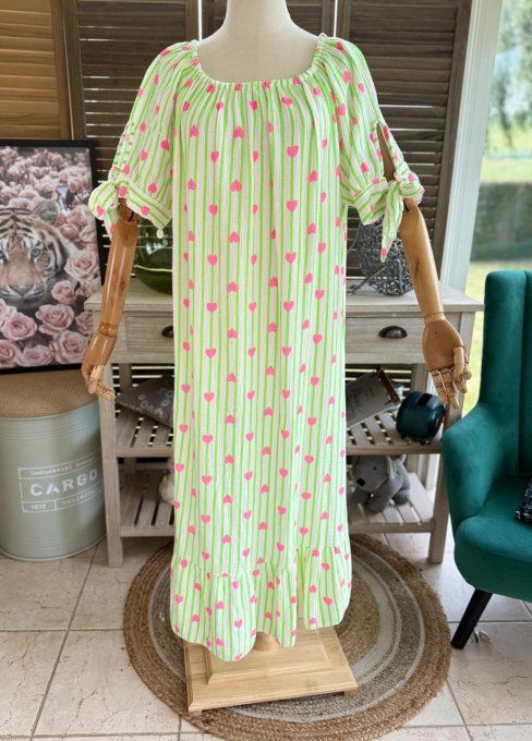 Robe longue gaze de coton écru rayé vert fluo coeurs rose fluo du 40 au 50 
