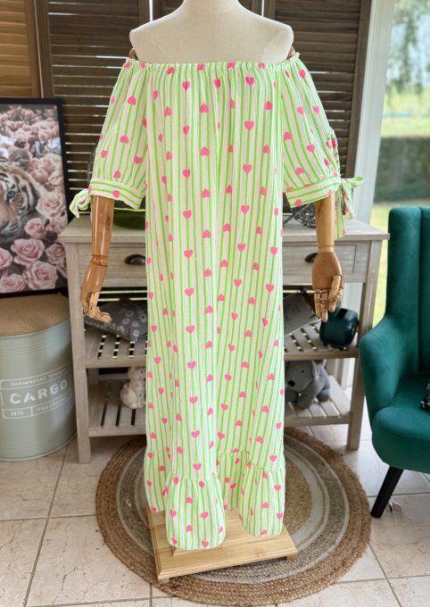 Robe longue gaze de coton écru rayé vert fluo coeurs rose fluo du 40 au 50 