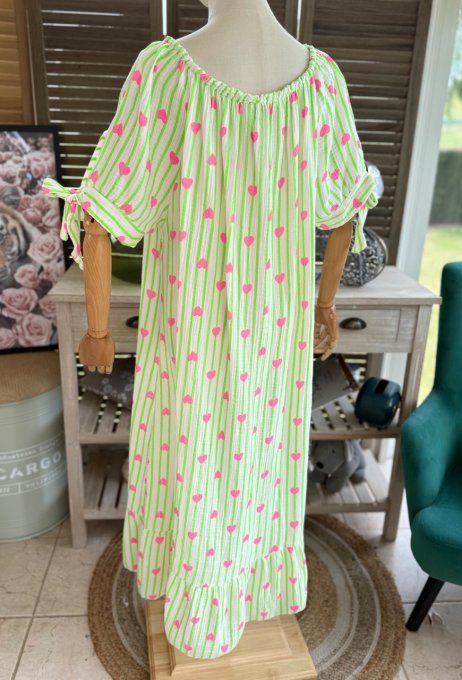 Robe longue gaze de coton écru rayé vert fluo coeurs rose fluo du 40 au 50 