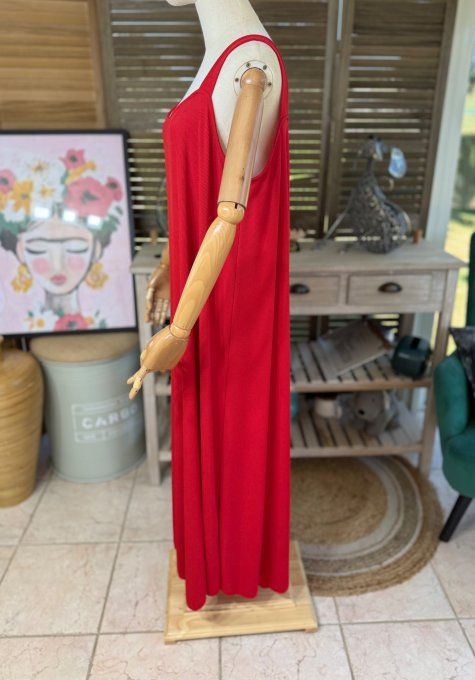 Robe trapèze longue à bretelles larges rouge côtelée du 40 au au 52/54 