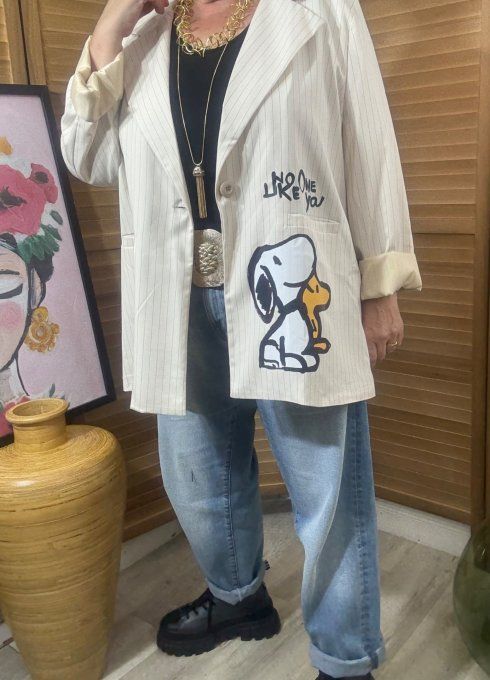 Veste blazer ample crème rayée Snoopy du 42 au 52 et même + si portée ouverte