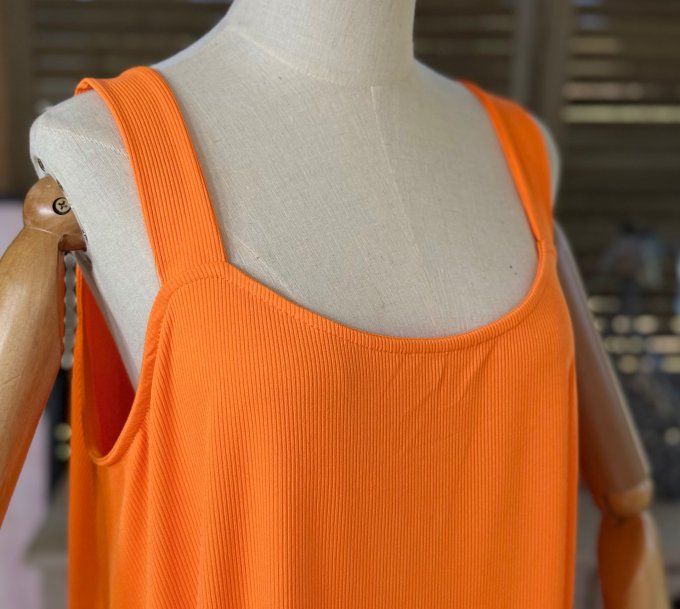 Robe trapèze longue à bretelles larges orange côtelée du 40 au au 52/54  