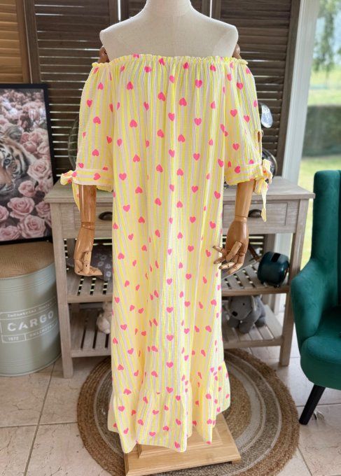 Robe longue gaze de coton écru rayé jaune fluo coeurs rose fluo du 40 au 50 