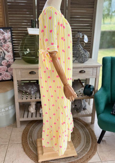 Robe longue gaze de coton écru rayé jaune fluo coeurs rose fluo du 40 au 50 