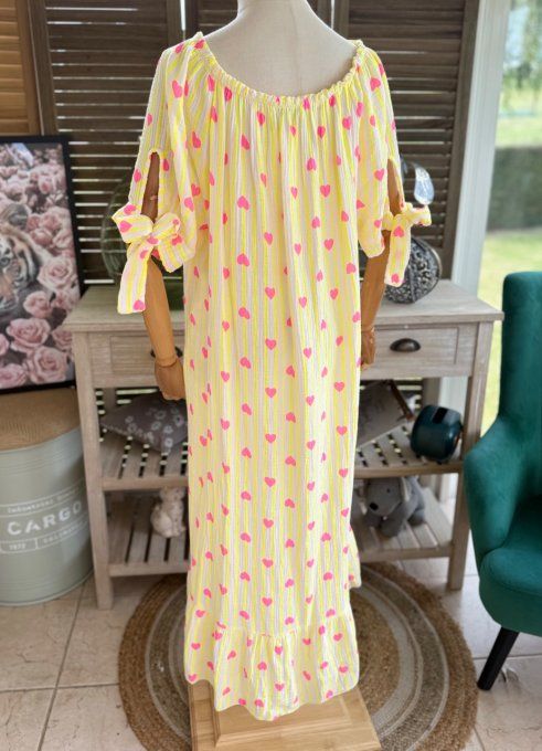 Robe longue gaze de coton écru rayé jaune fluo coeurs rose fluo du 40 au 50 