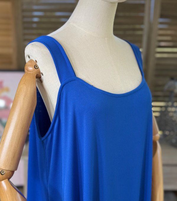 Robe trapèze longue à bretelles larges bleu royal côtelée du 40 au au 52/54 