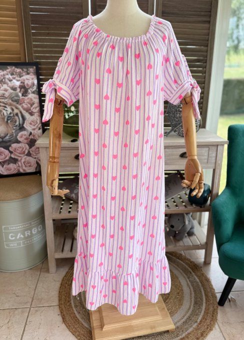 Robe longue gaze de coton écru rayé Lilas parme coeurs rose fluo du 40 au 50 