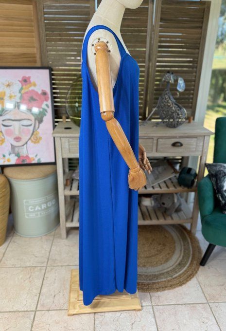 Robe trapèze longue à bretelles larges bleu royal côtelée du 40 au au 52/54 