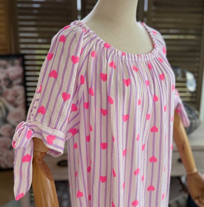 Robe longue gaze de coton écru rayé Lilas parme coeurs rose fluo du 40 au 50 