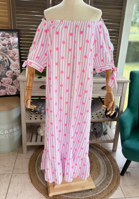Robe longue gaze de coton écru rayé Lilas parme coeurs rose fluo du 40 au 50 
