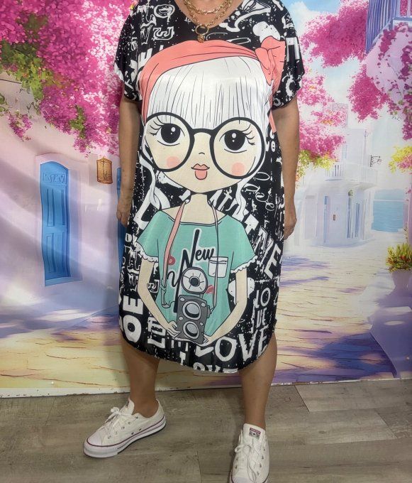 Robe droite oversize ou maxi-tunique lycra noir graffitis blancs Adorable Fillette du 40 au 52 