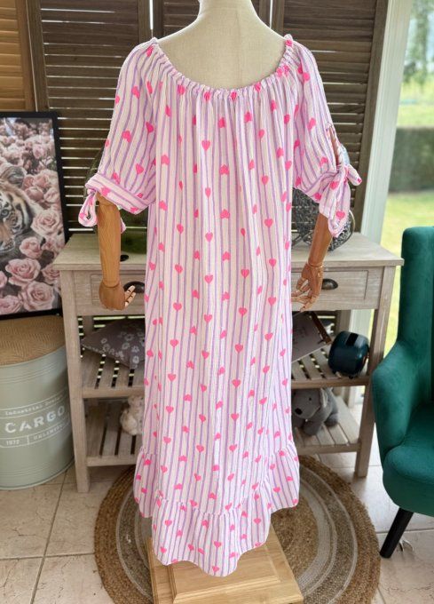 Robe longue gaze de coton écru rayé Lilas parme coeurs rose fluo du 40 au 50 