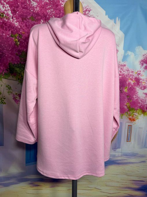 Gilet à capuche asymétrique ample sweat rose bonbon douceur +++ du 40 au 50 et même +
