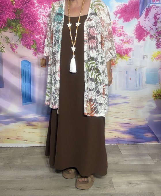 Robe à bretelles Chocolat trapèze longue boucles dorées  douceur +++ du 40 au 50 