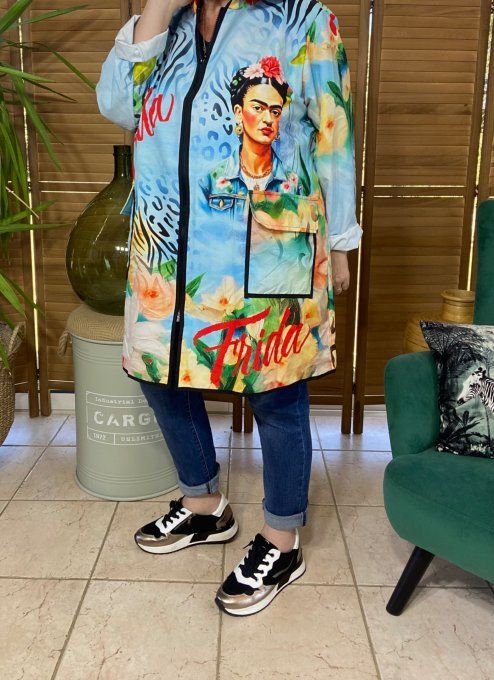 Coupe-vent à capuche déperlant multicolore Frida Kahlo du 38 au 50/52 et même + si porté ouvert