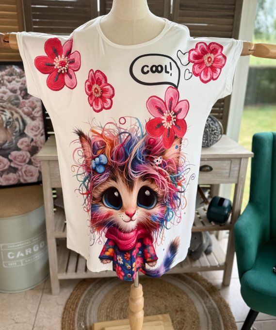 Tunique longue ou robe courte blanche Le Chat Arc-en-Ciel du 40 au 50/52  