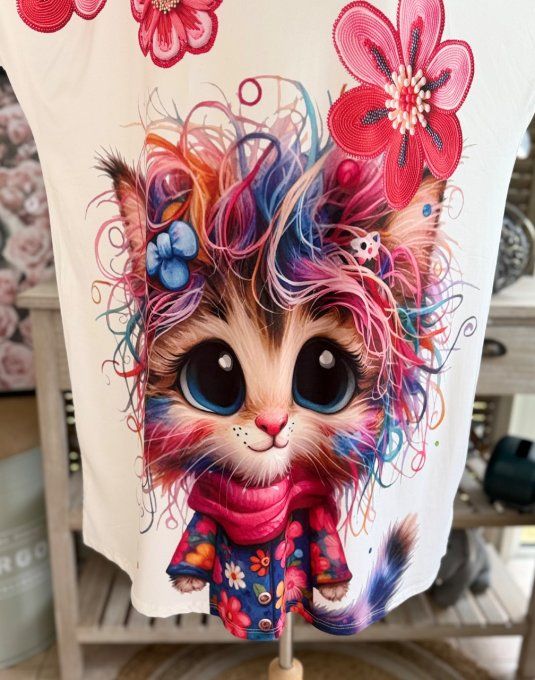 Tunique longue ou robe courte blanche Le Chat Arc-en-Ciel du 40 au 50/52  