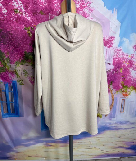 Gilet à capuche asymétrique ample sweat beige clair douceur +++ du 40 au 50 et même +