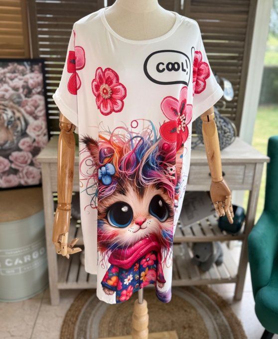 Tunique longue ou robe courte blanche Le Chat Arc-en-Ciel du 40 au 50/52  