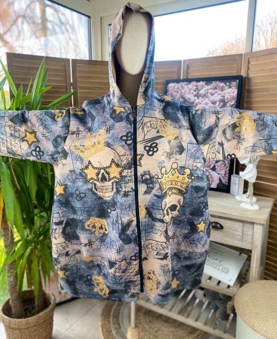 Manteau à capuche suédine effet jeans délavé King Skulls du 42 au 52 et même +