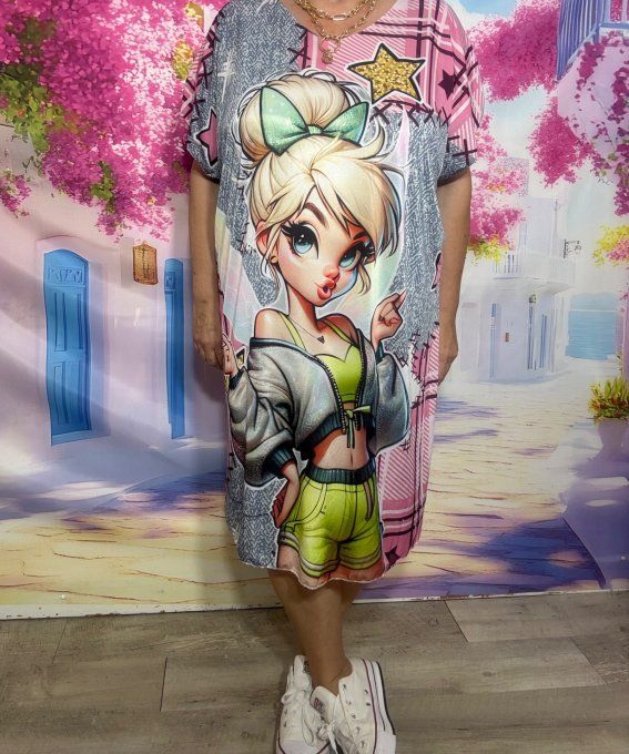 Robe droite oversize ou maxi-tunique lycra gris Tartan rose La Fée Clochette du 40 au 52