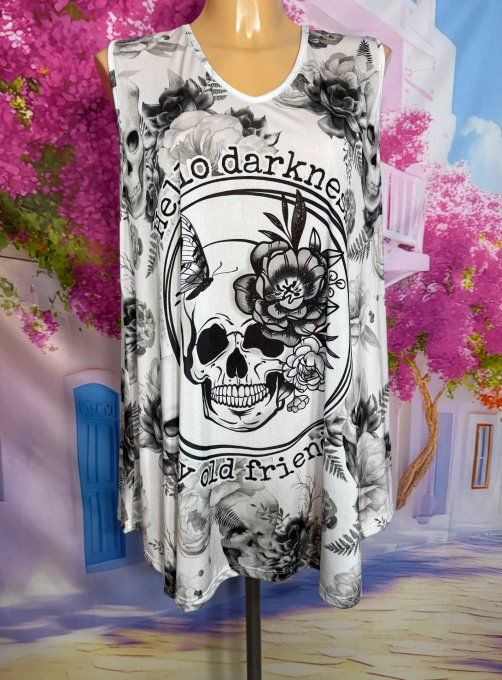 Débardeur trapèze long blanc roses grisées Mexican Skulls Calavera TDM du 40 au 54
