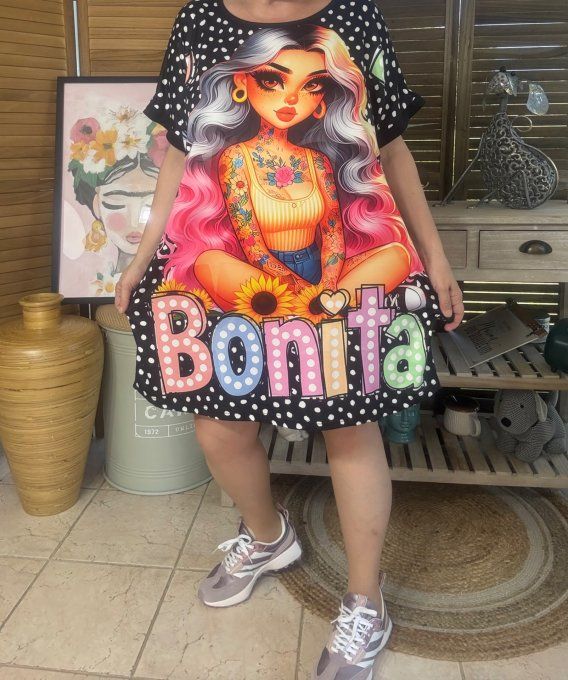 Tunique longue ou robe courte noire pois Bonita Fashion Girl du 40 au 50/52 