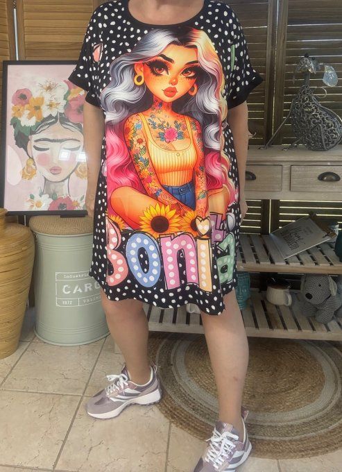 Tunique longue ou robe courte noire pois Bonita Fashion Girl du 40 au 50/52 