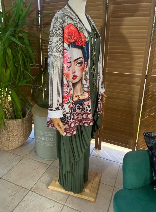 Gilet à capuche inspi Frida Kahlo Années Folles du 40 au 54 et même + si porté ouvert