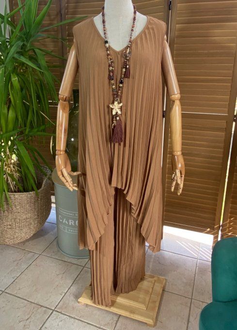 Ensemble plissé pantalon palazzo + tunique asymétrique Camel du 38 au 48/50