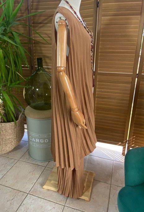 Ensemble plissé pantalon palazzo + tunique asymétrique Camel du 38 au 48/50