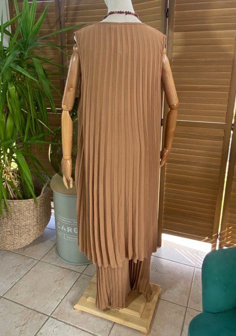 Ensemble plissé pantalon palazzo + tunique asymétrique Camel du 38 au 48/50