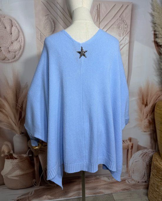Gilet sans laine oversize bleu ciel étoile argentée dos douceur ++++ du 40 au 56/58 et même + 