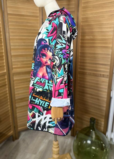 Coupe-vent à capuche déperlant multicolore Betty Boop du 38 au 50/52 et même + si porté ouvert 