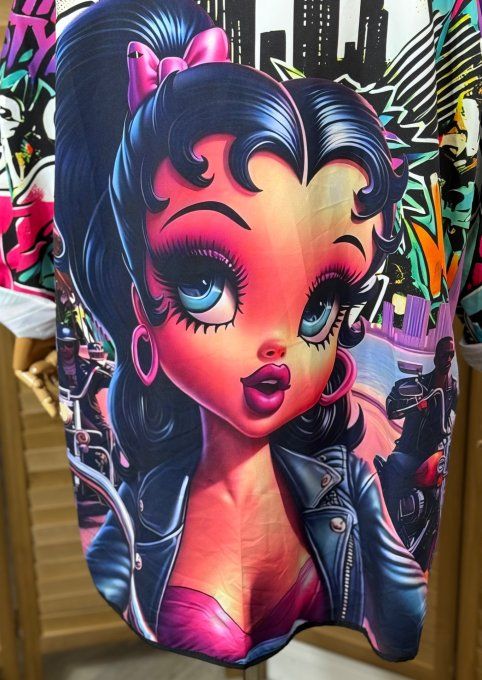 Coupe-vent à capuche déperlant multicolore Betty Boop du 38 au 50/52 et même + si porté ouvert 