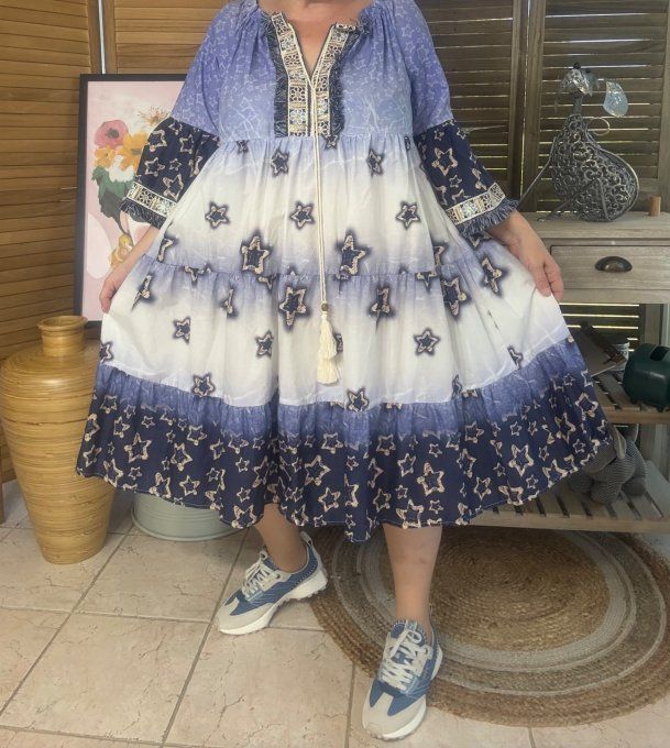 Robe trapèze broderies anglaises Etoiles marine & crème Bohème Chic du 36 au 44/46