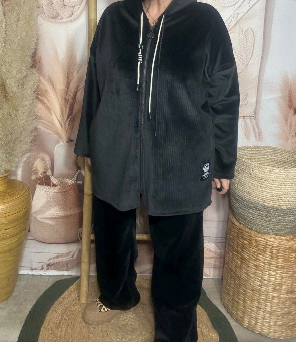 Gilet à capuche velours rayé noir doublé confort ++++ du 40 au 52 