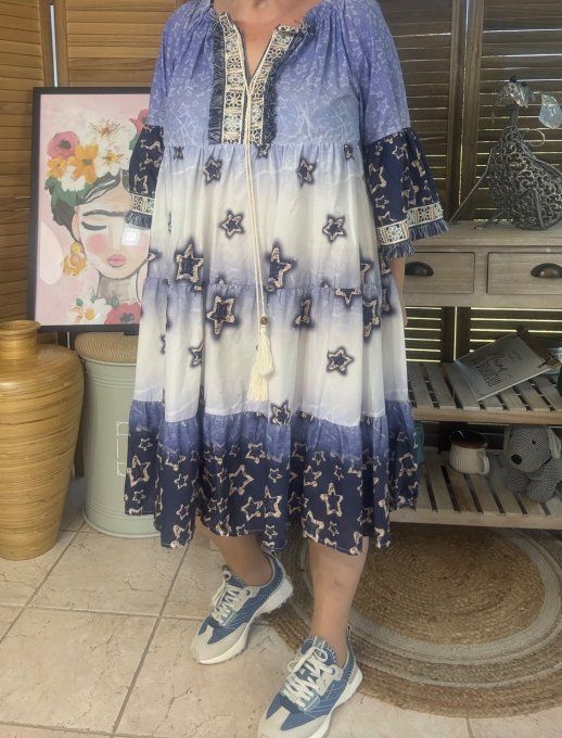 Robe trapèze broderies anglaises Etoiles marine & crème Bohème Chic du 36 au 44/46