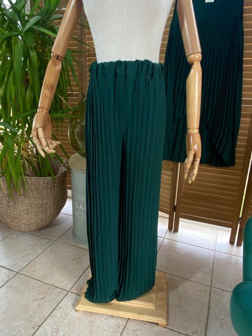 Ensemble plissé pantalon palazzo + tunique asymétrique vert bouteille du 38 au 48/50