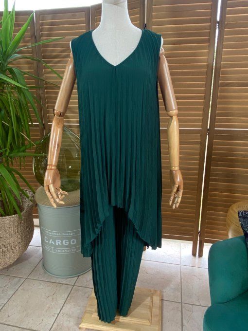Ensemble plissé pantalon palazzo + tunique asymétrique vert bouteille du 38 au 48/50