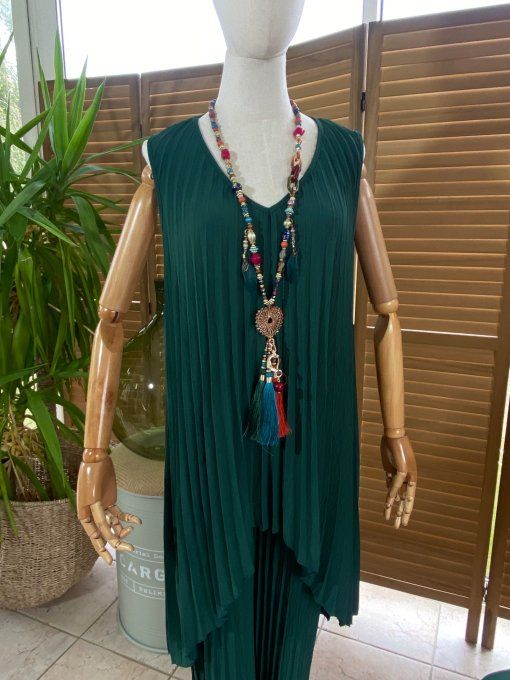 Ensemble plissé pantalon palazzo + tunique asymétrique vert bouteille du 38 au 48/50