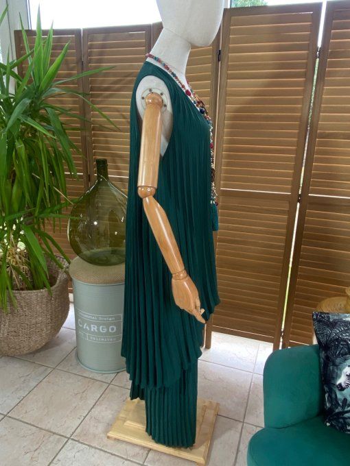 Ensemble plissé pantalon palazzo + tunique asymétrique vert bouteille du 38 au 48/50