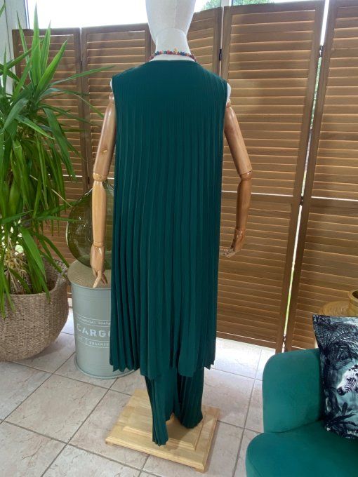 Ensemble plissé pantalon palazzo + tunique asymétrique vert bouteille du 38 au 48/50