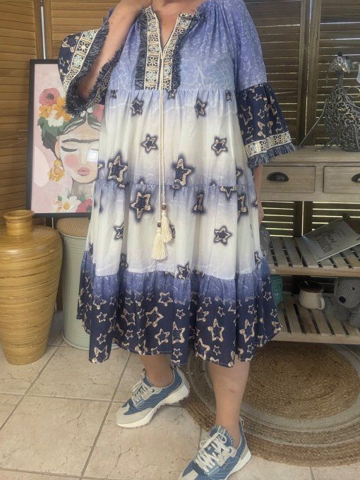 Robe trapèze broderies anglaises Etoiles marine & crème Bohème Chic du 36 au 44/46