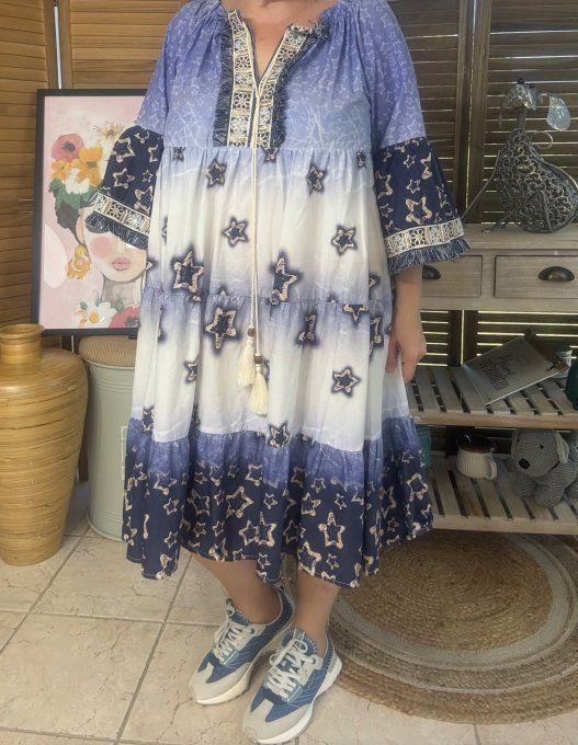 Robe trapèze broderies anglaises Etoiles marine & crème Bohème Chic du 36 au 44/46