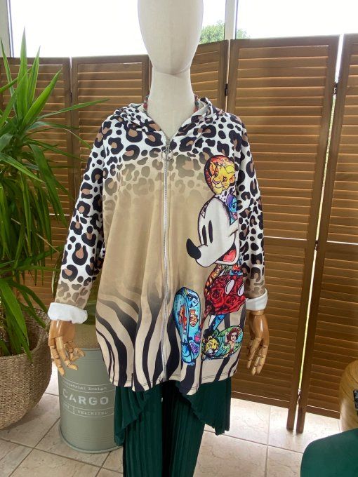 Gilet à capuche Léopard Beige Mickey & Friends du 40 au 54 et même + si porté ouvert