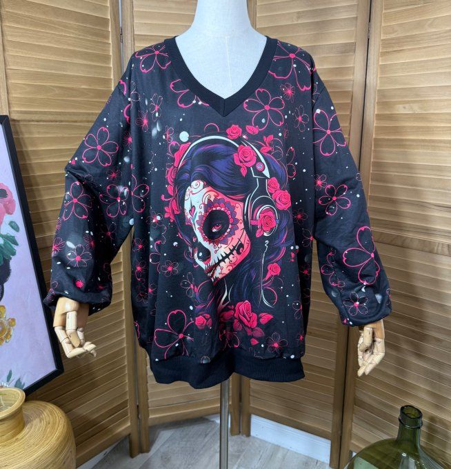 Sweat ample col V manches longues The Catrina Mexican Skulls Girl du 40 au 52