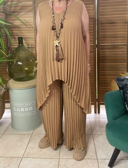 Ensemble plissé pantalon palazzo + tunique asymétrique Camel du 38 au 48/50