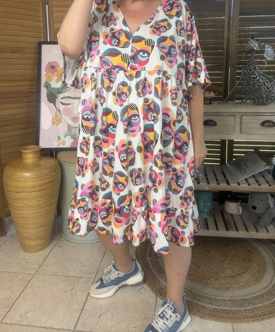 Robe trapèze courte blanche Picasso Painting Cubic Women du 40 au 52