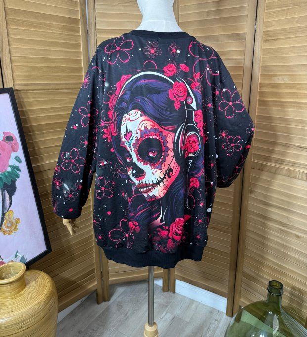 Sweat ample col V manches longues The Catrina Mexican Skulls Girl du 40 au 52